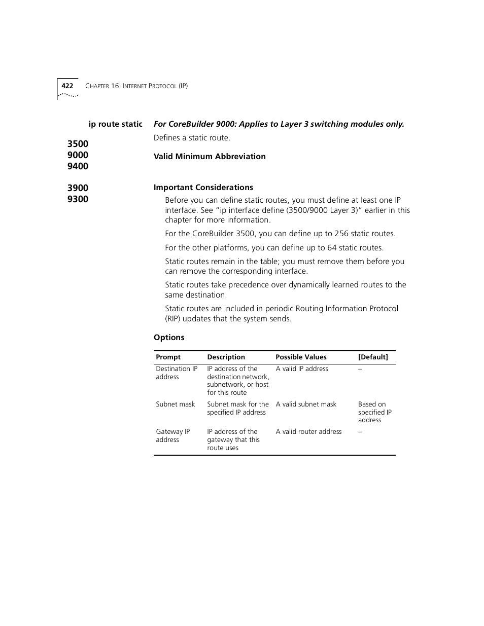 Ip route static | 3Com 3500 User Manual | Page 422 / 784