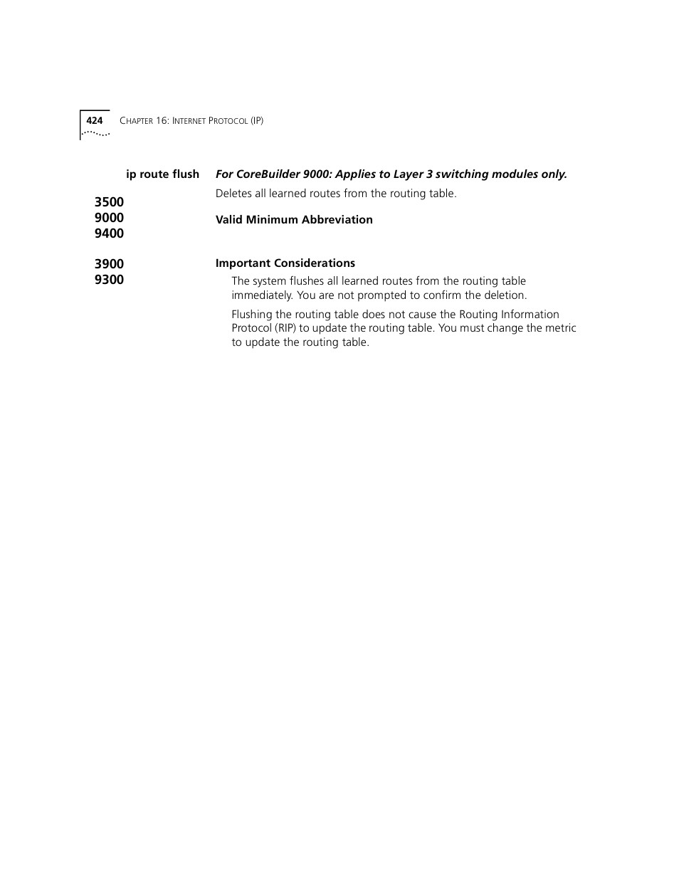 Ip route flush | 3Com 3500 User Manual | Page 424 / 784