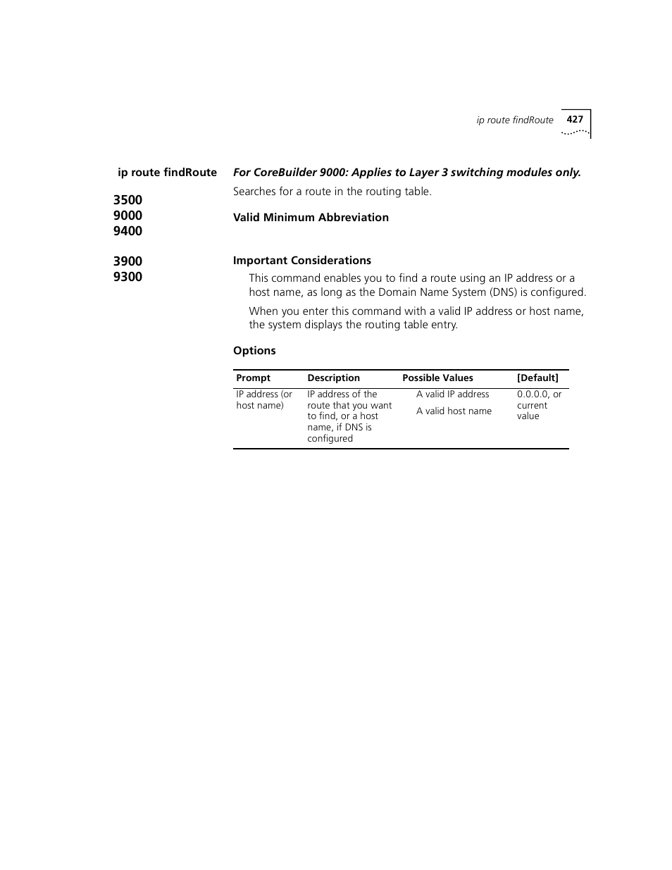 Ip route findroute | 3Com 3500 User Manual | Page 427 / 784