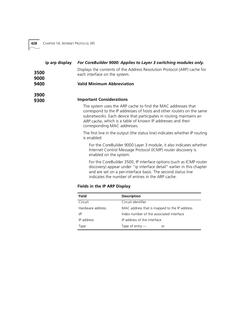 Ip arp display | 3Com 3500 User Manual | Page 428 / 784