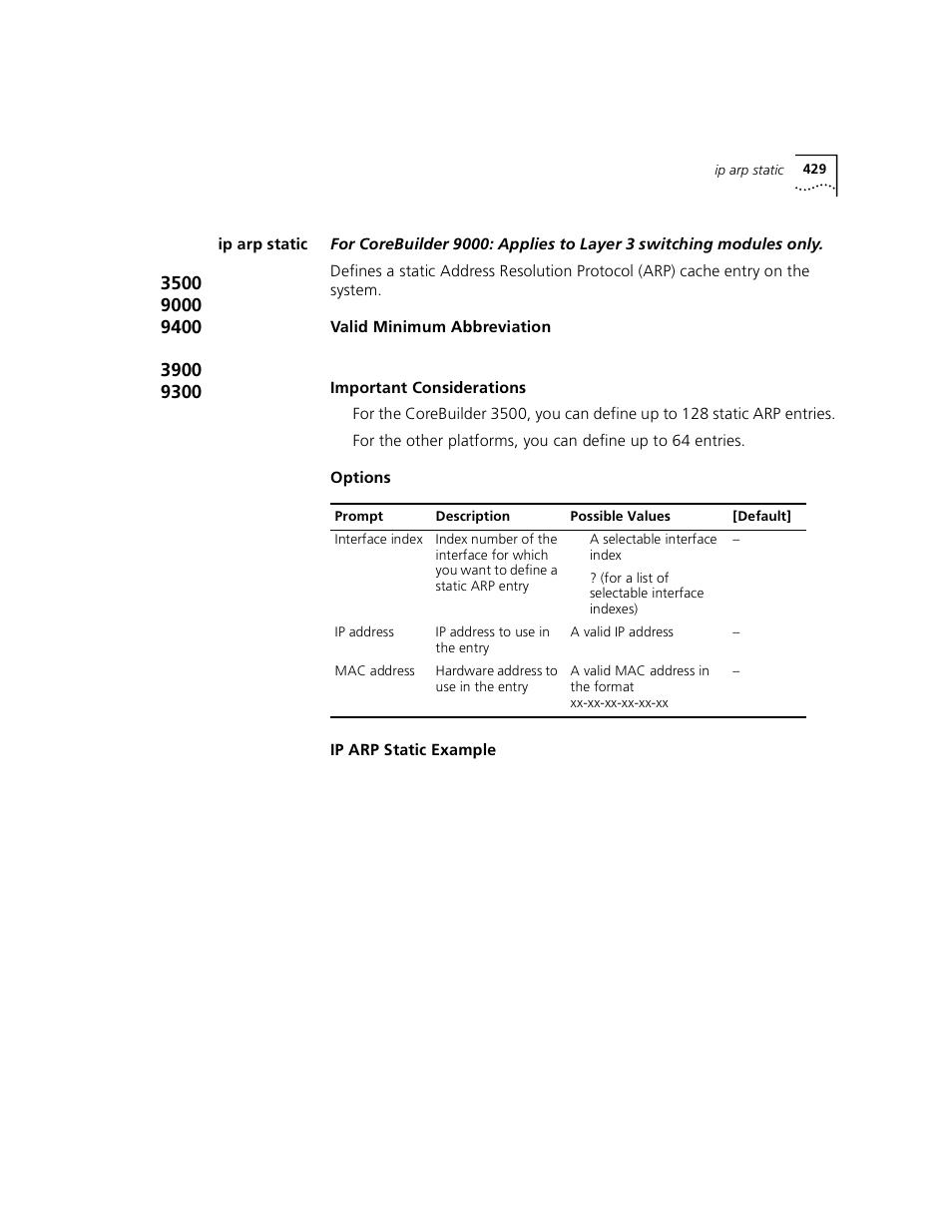 Ip arp static | 3Com 3500 User Manual | Page 429 / 784