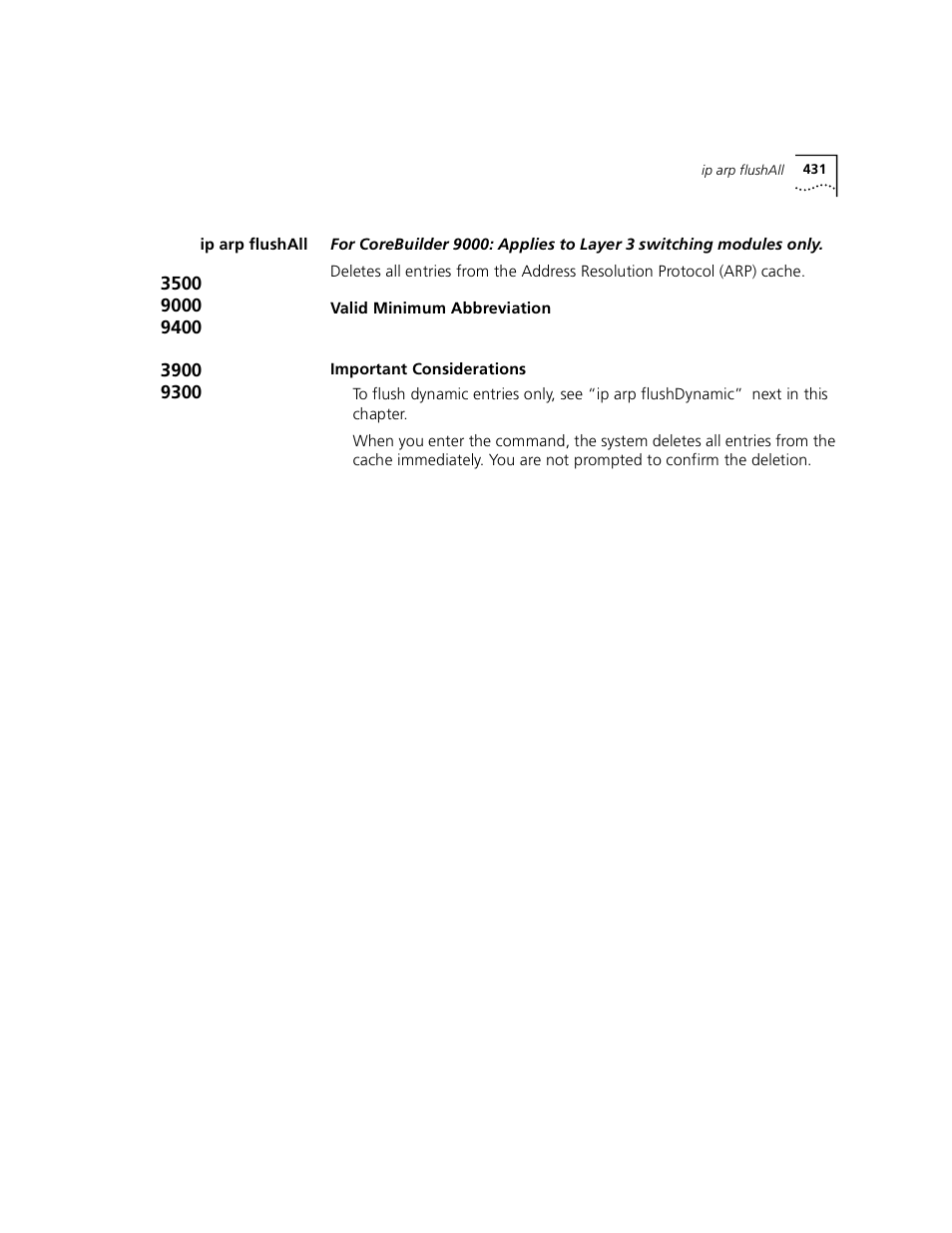 Ip arp flushall | 3Com 3500 User Manual | Page 431 / 784