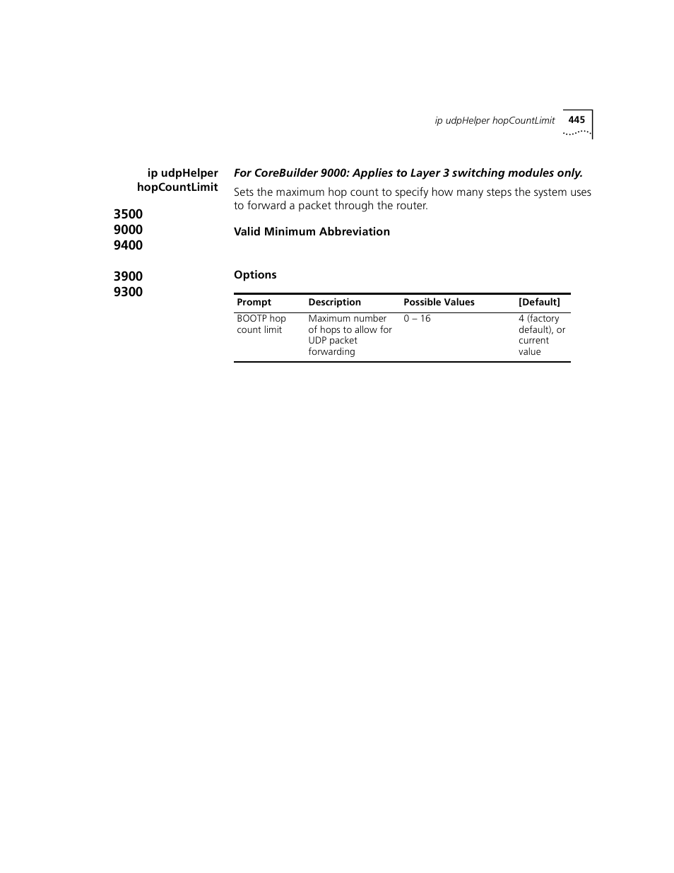 Ip udphelper hopcountlimit | 3Com 3500 User Manual | Page 445 / 784