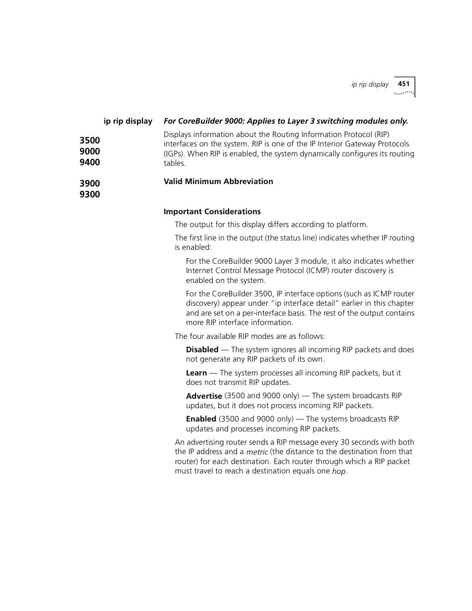 Ip rip display | 3Com 3500 User Manual | Page 451 / 784