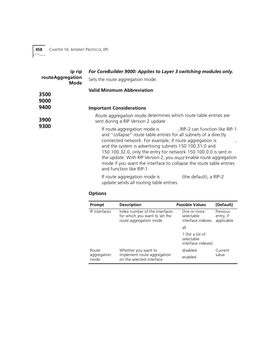 Ip rip routeaggregation mode | 3Com 3500 User Manual | Page 458 / 784