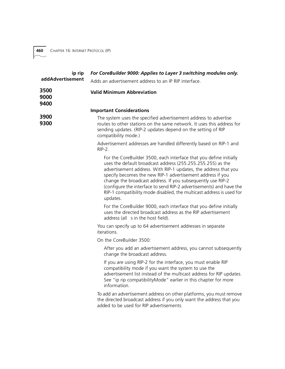 Ip rip addadvertisement | 3Com 3500 User Manual | Page 460 / 784