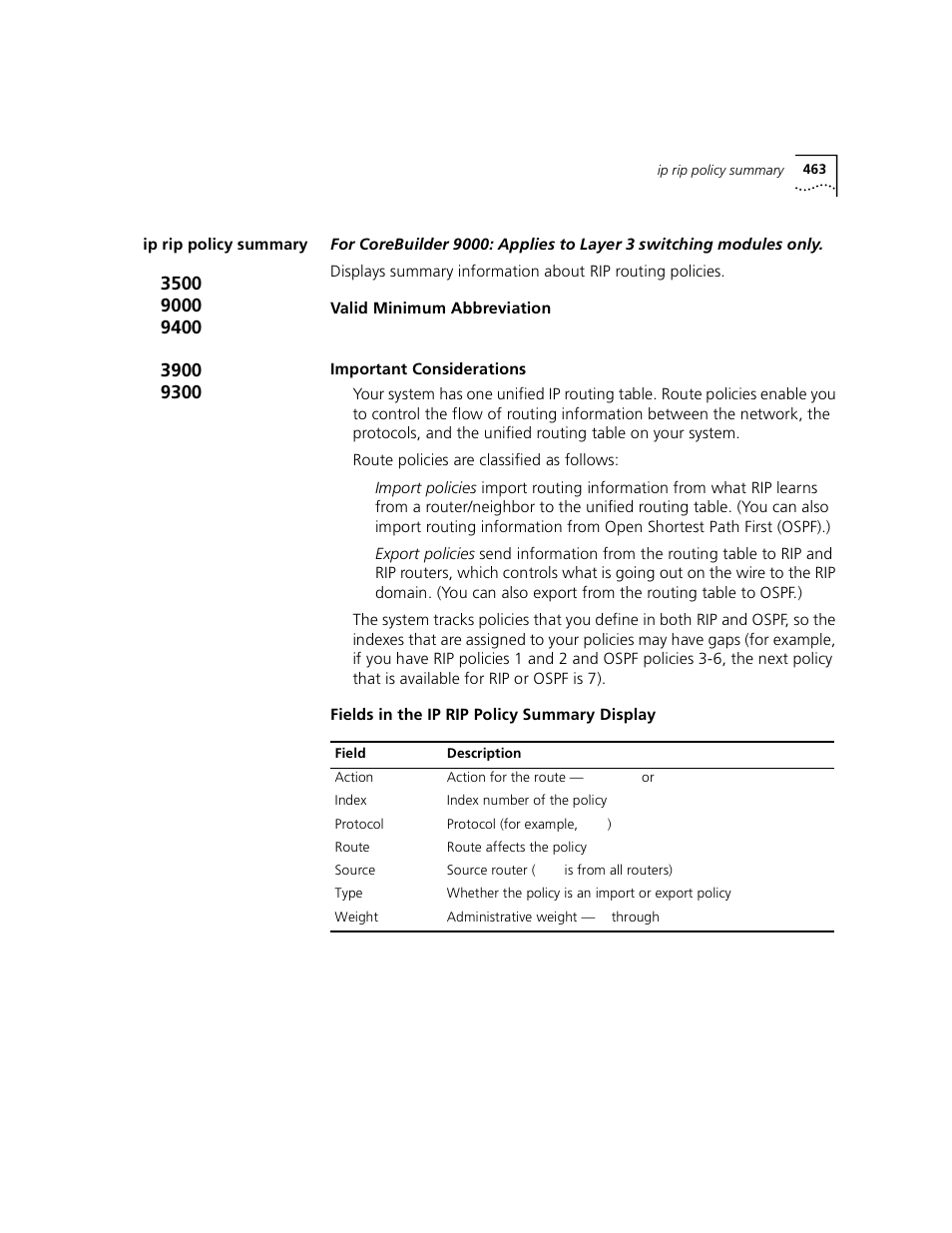 Ip rip policy summary | 3Com 3500 User Manual | Page 463 / 784