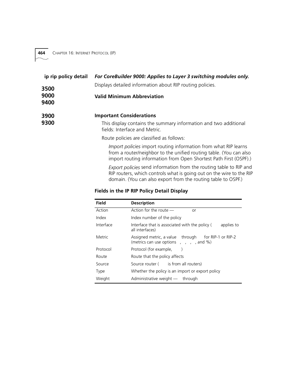 Ip rip policy detail | 3Com 3500 User Manual | Page 464 / 784