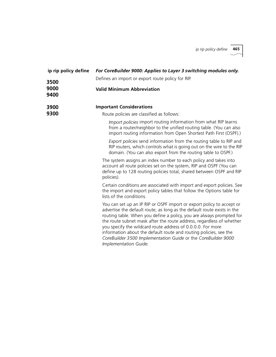 Ip rip policy define | 3Com 3500 User Manual | Page 465 / 784
