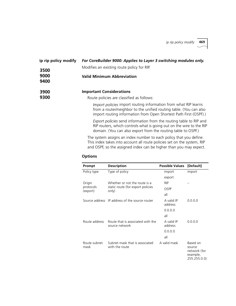 Ip rip policy modify | 3Com 3500 User Manual | Page 469 / 784