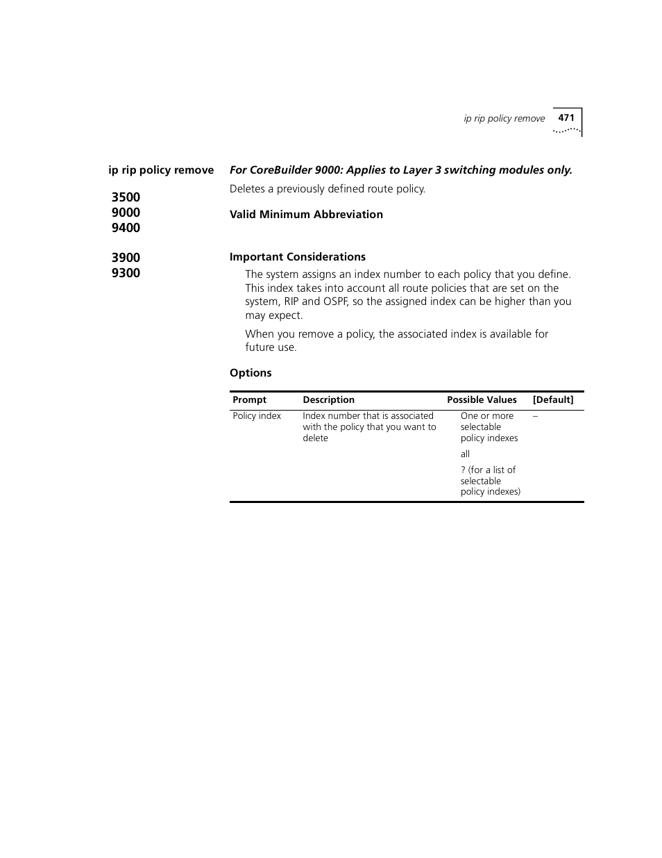 Ip rip policy remove | 3Com 3500 User Manual | Page 471 / 784