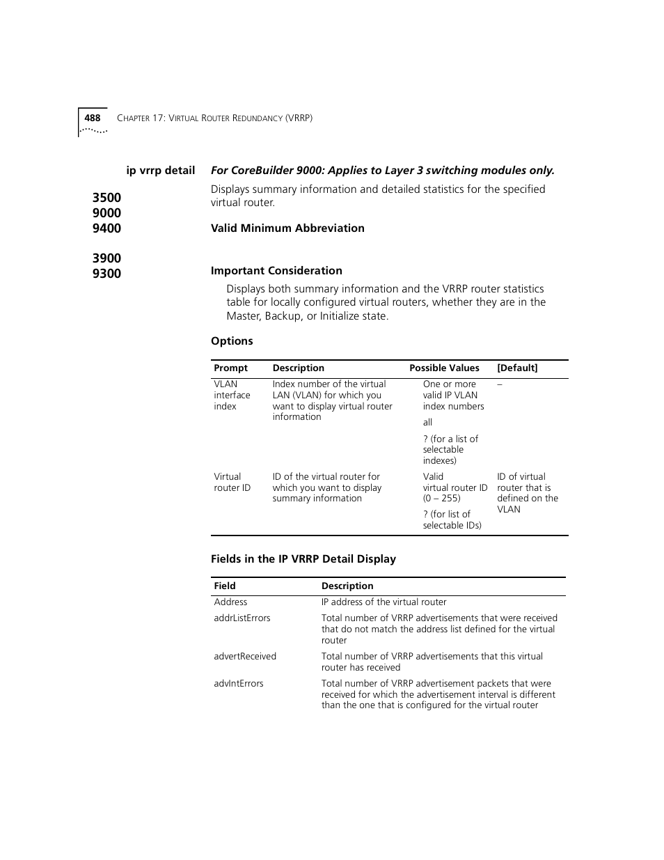 Ip vrrp detail | 3Com 3500 User Manual | Page 488 / 784