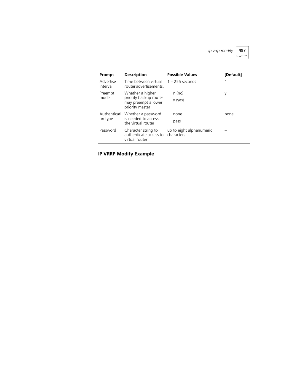 Ip vrrp modify example | 3Com 3500 User Manual | Page 497 / 784