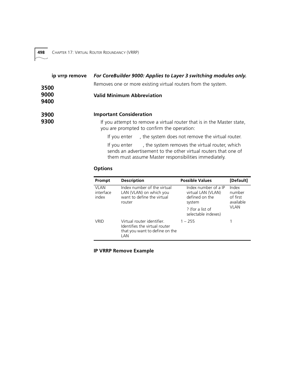 Ip vrrp remove | 3Com 3500 User Manual | Page 498 / 784