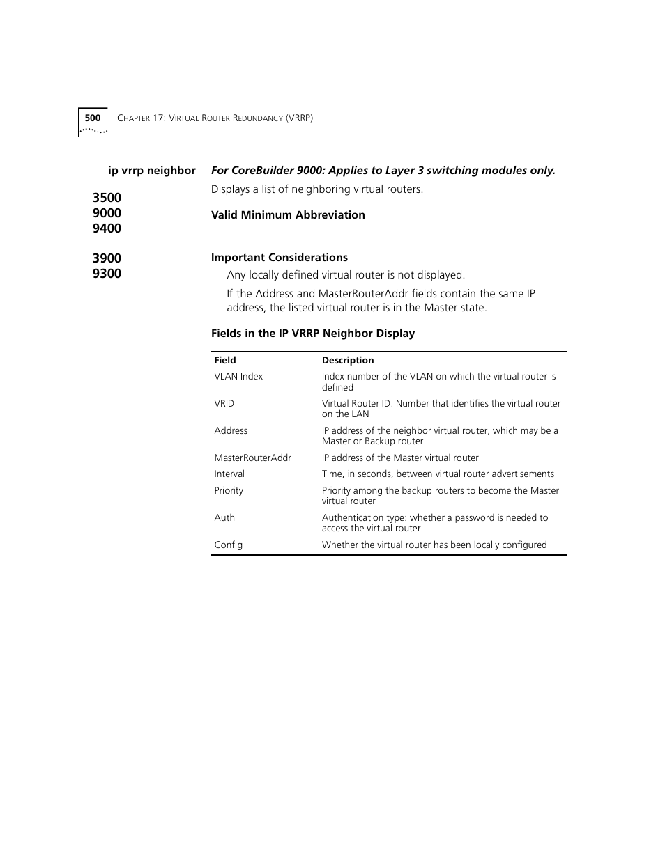 Ip vrrp neighbor | 3Com 3500 User Manual | Page 500 / 784