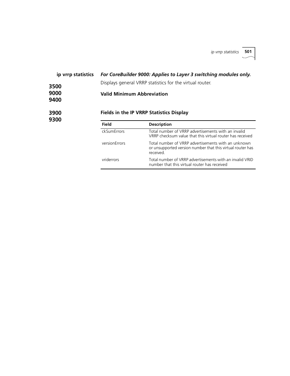 Ip vrrp statistics | 3Com 3500 User Manual | Page 501 / 784