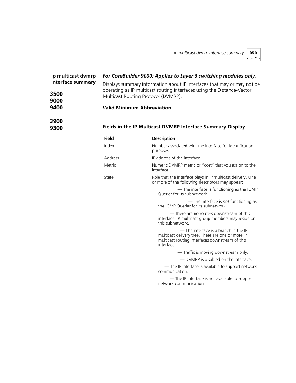 Ip multicast dvmrp interface summary | 3Com 3500 User Manual | Page 505 / 784