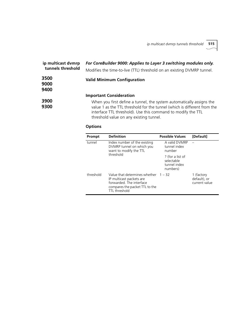 Ip multicast dvmrp tunnels threshold, Ip multicast dvmrp tunnels threshold”) | 3Com 3500 User Manual | Page 515 / 784