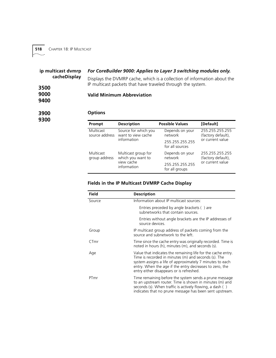 Ip multicast dvmrp cachedisplay | 3Com 3500 User Manual | Page 518 / 784