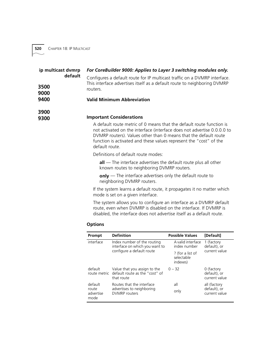 Ip multicast dvmrp default | 3Com 3500 User Manual | Page 520 / 784