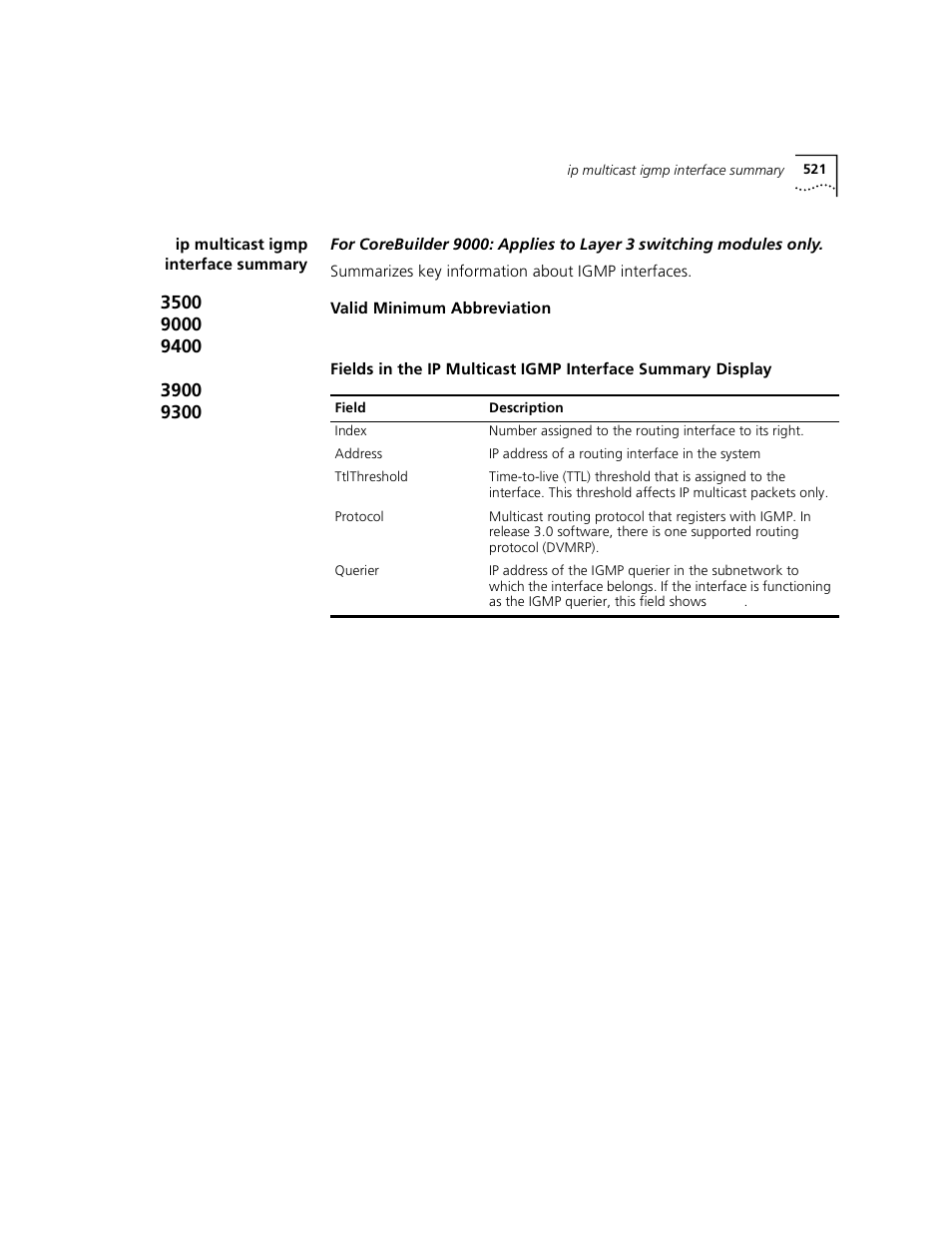 Ip multicast igmp interface summary | 3Com 3500 User Manual | Page 521 / 784