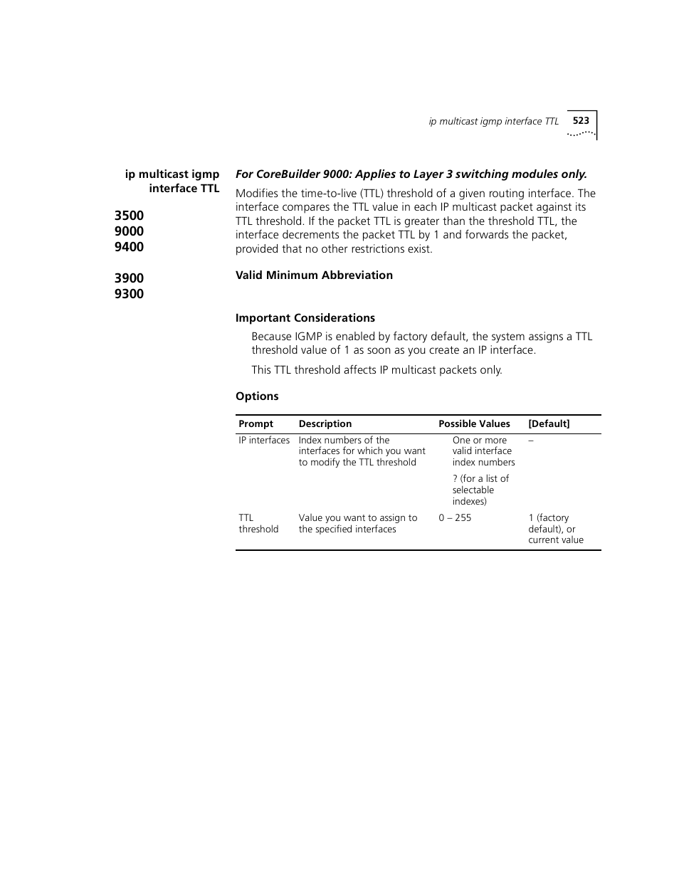 Ip multicast igmp interface ttl, Ip multicast igmp interface ttl”) | 3Com 3500 User Manual | Page 523 / 784