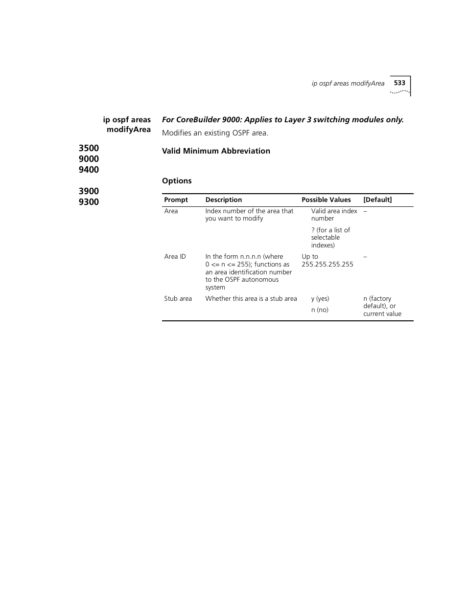 Ip ospf areas modifyarea | 3Com 3500 User Manual | Page 533 / 784