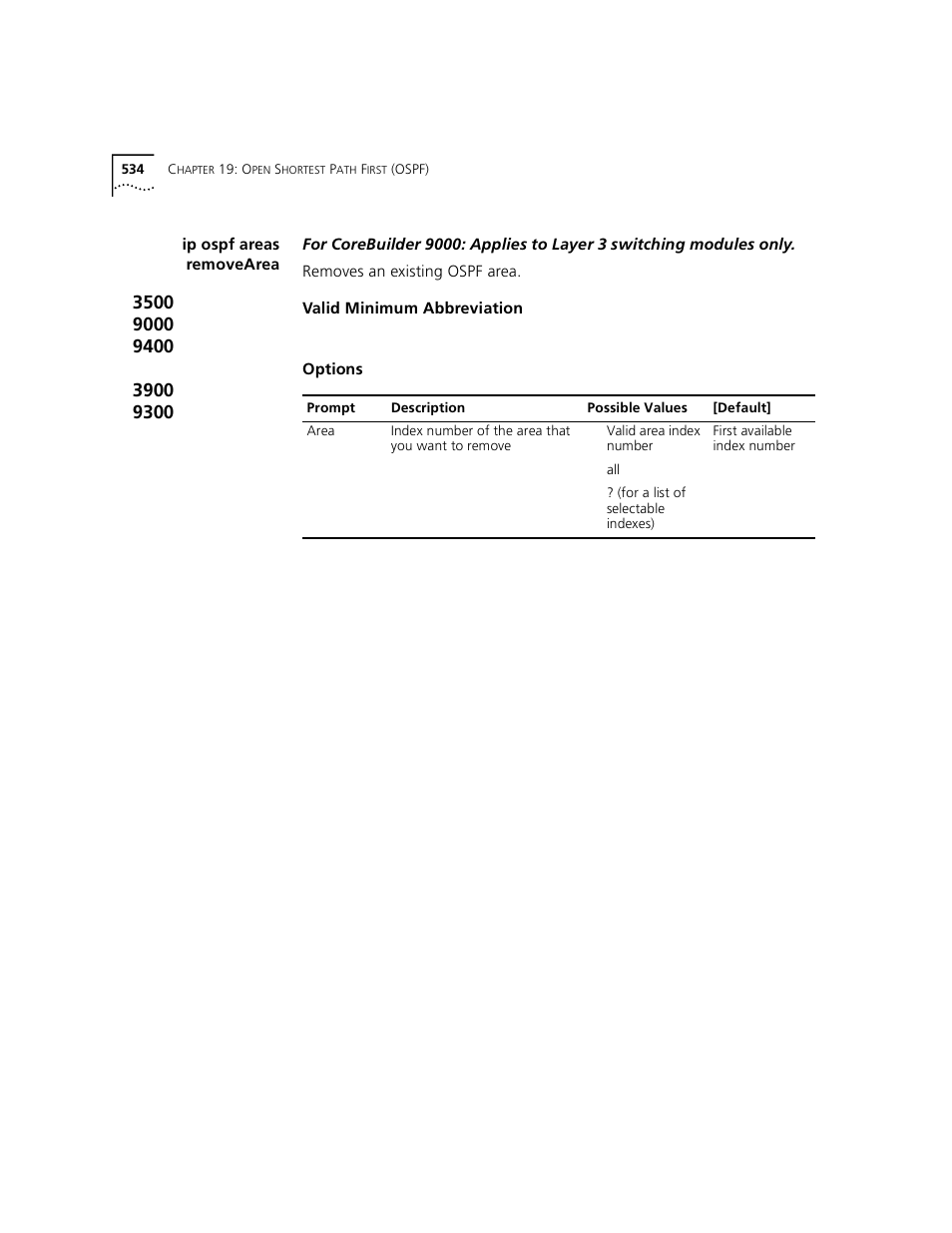 Ip ospf areas removearea | 3Com 3500 User Manual | Page 534 / 784