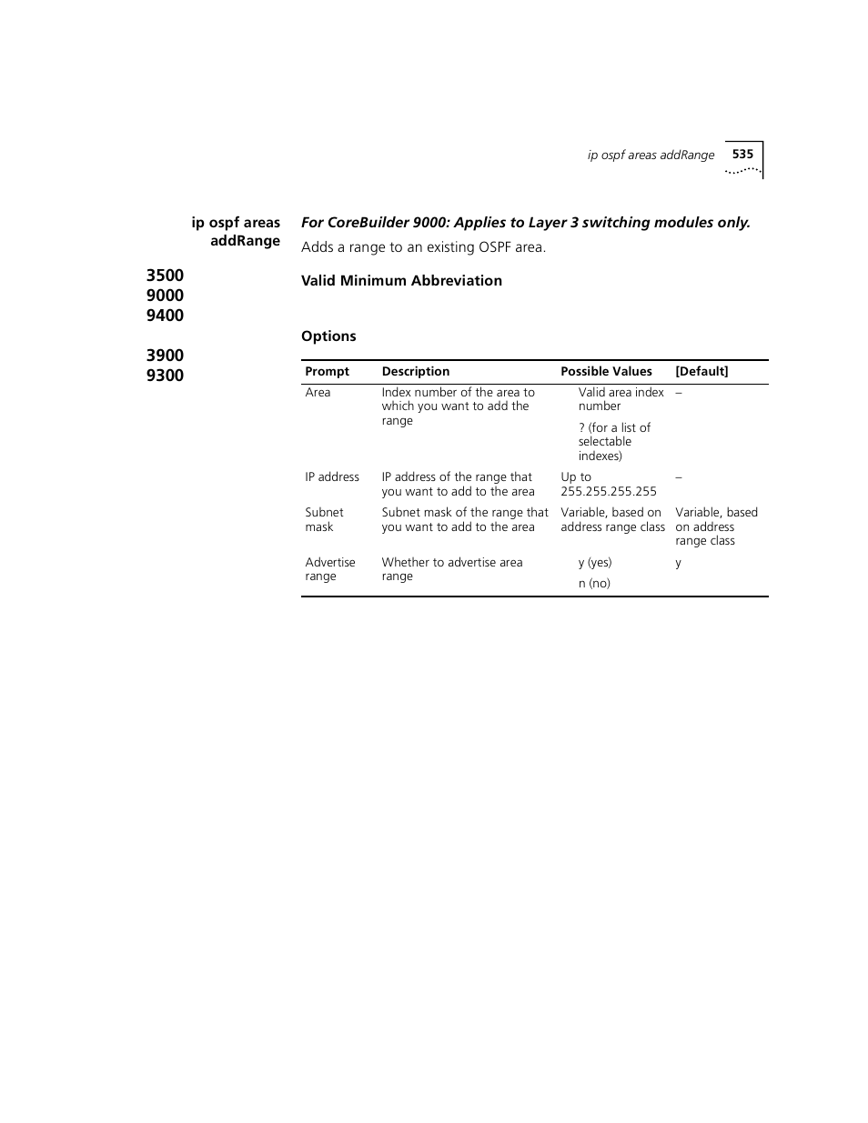 Ip ospf areas addrange | 3Com 3500 User Manual | Page 535 / 784