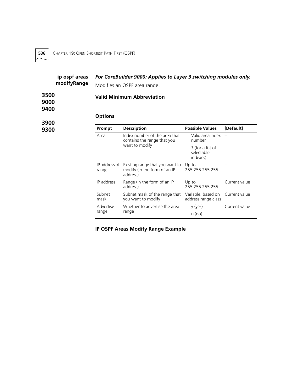 Ip ospf areas modifyrange | 3Com 3500 User Manual | Page 536 / 784