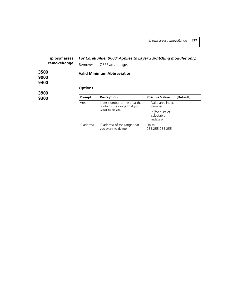 Ip ospf areas removerange | 3Com 3500 User Manual | Page 537 / 784