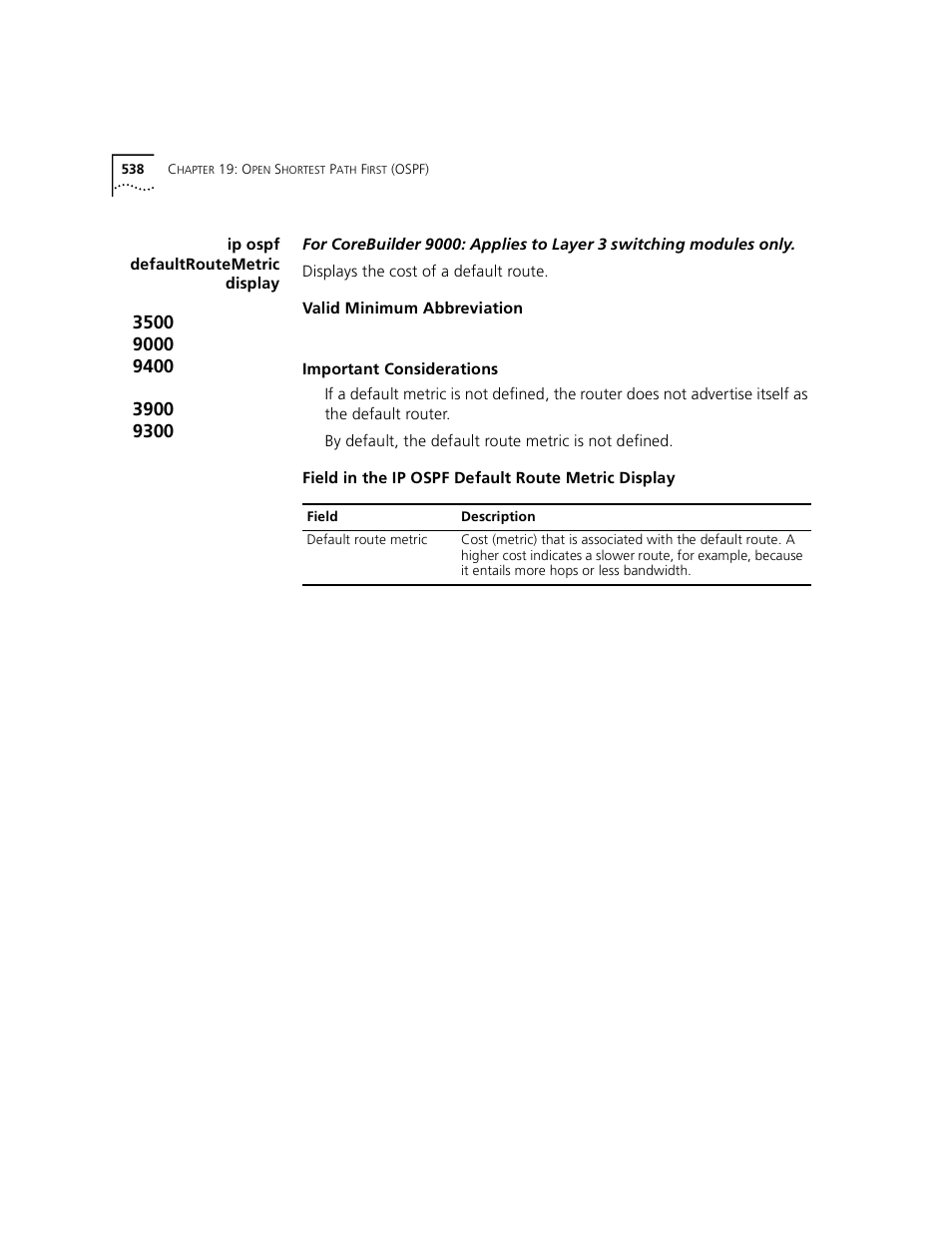 Ip ospf defaultroutemetric display | 3Com 3500 User Manual | Page 538 / 784
