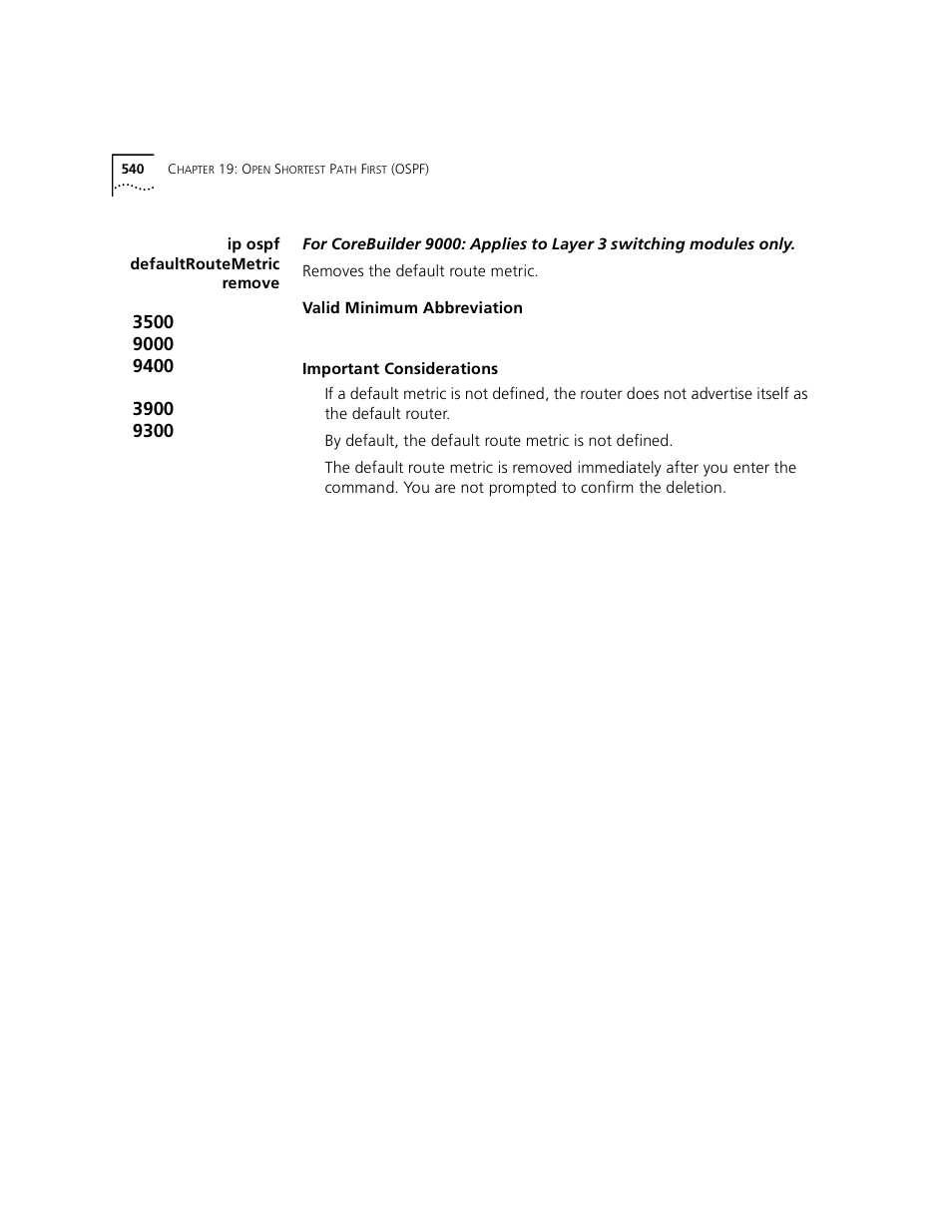 Ip ospf defaultroutemetric remove | 3Com 3500 User Manual | Page 540 / 784