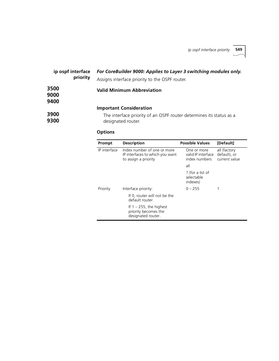 Ip ospf interface priority | 3Com 3500 User Manual | Page 549 / 784