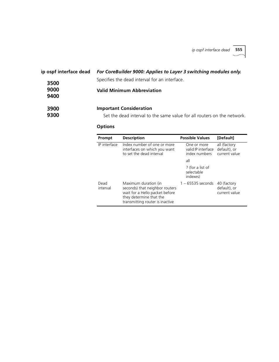 Ip ospf interface dead | 3Com 3500 User Manual | Page 555 / 784