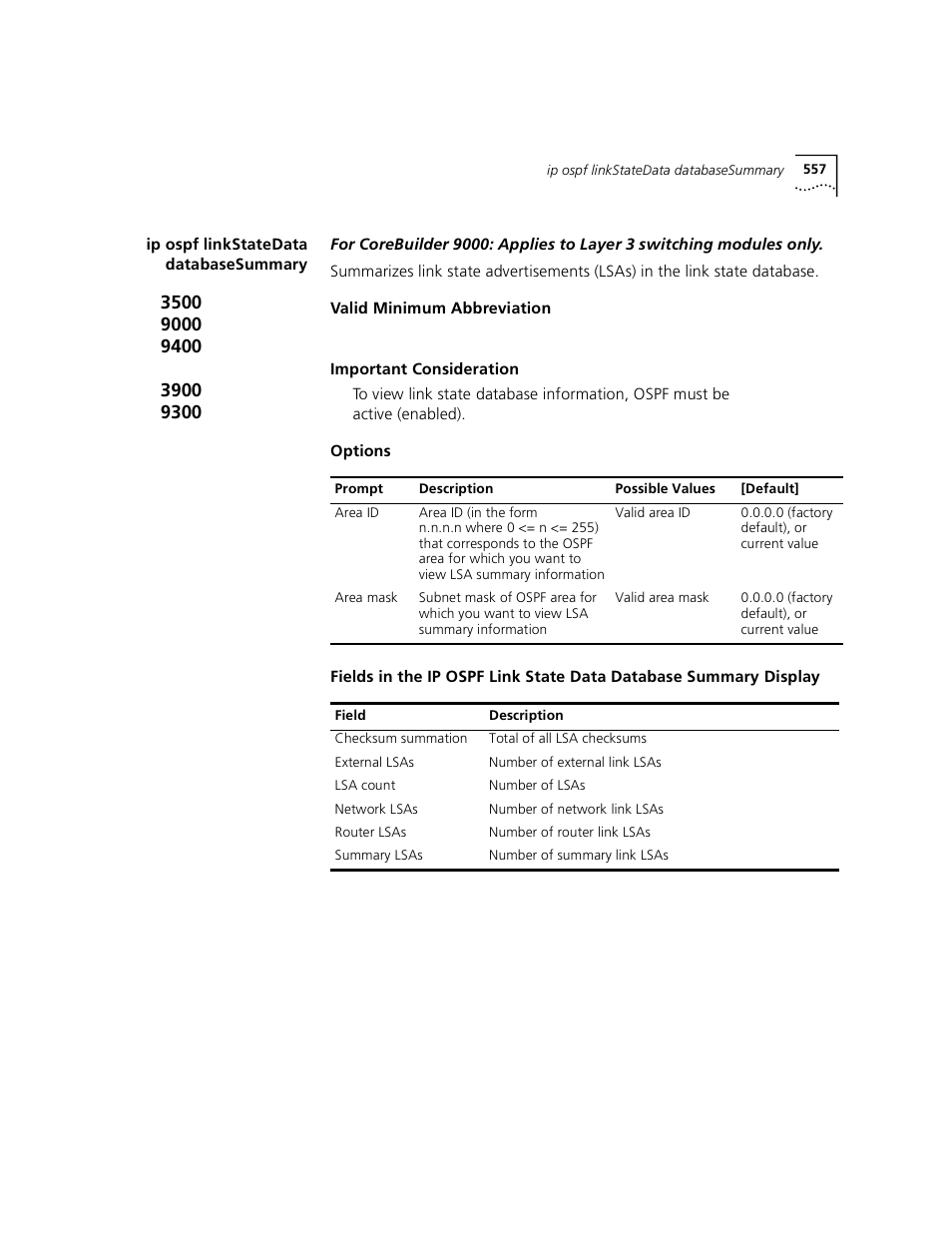 Ip ospf linkstatedata databasesummary | 3Com 3500 User Manual | Page 557 / 784