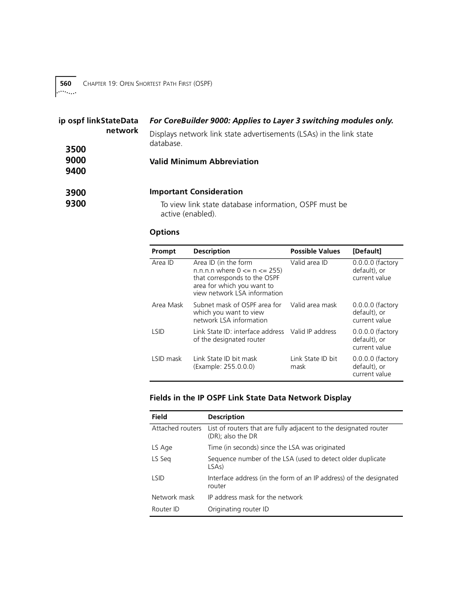 Ip ospf linkstatedata network | 3Com 3500 User Manual | Page 560 / 784