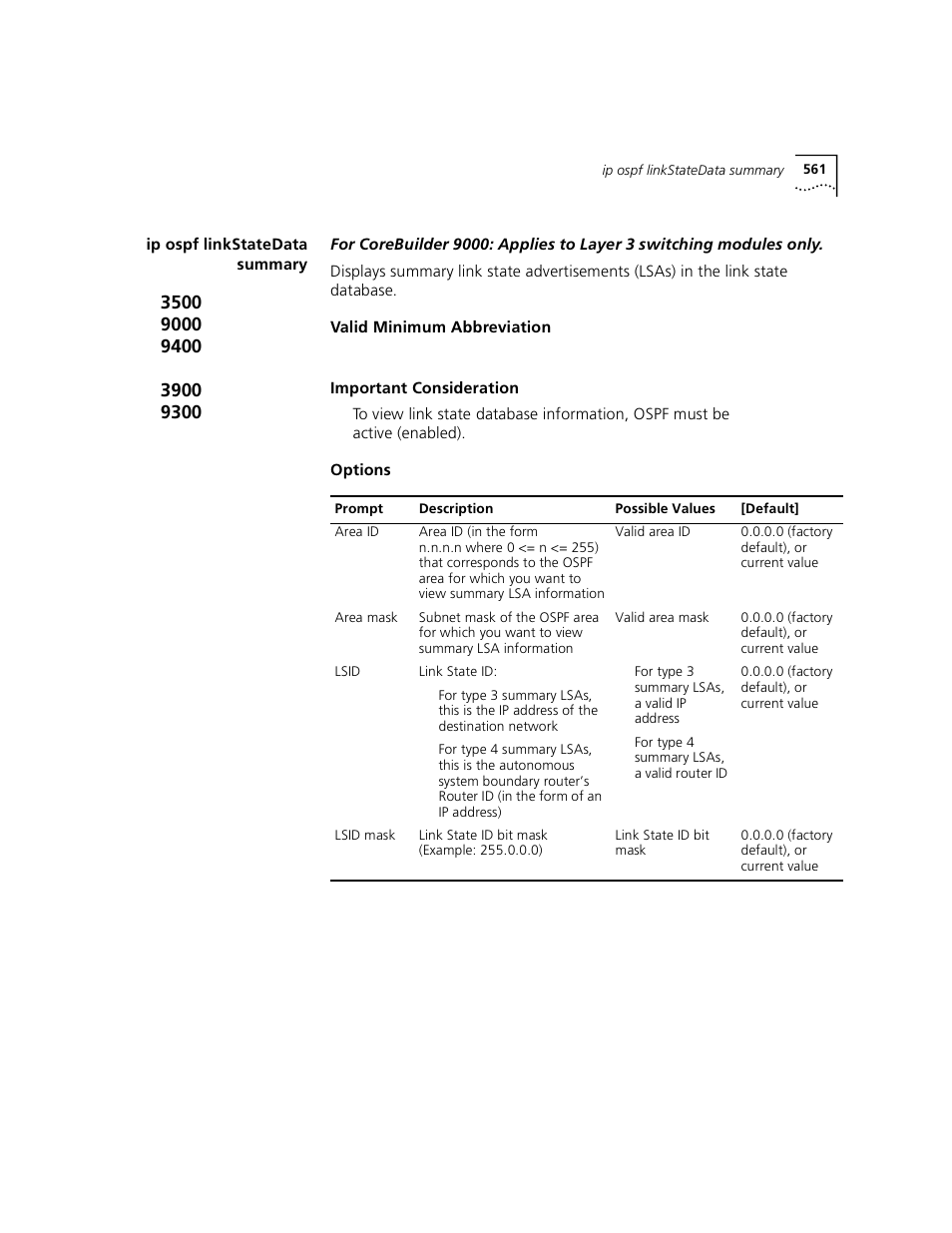 Ip ospf linkstatedata summary | 3Com 3500 User Manual | Page 561 / 784
