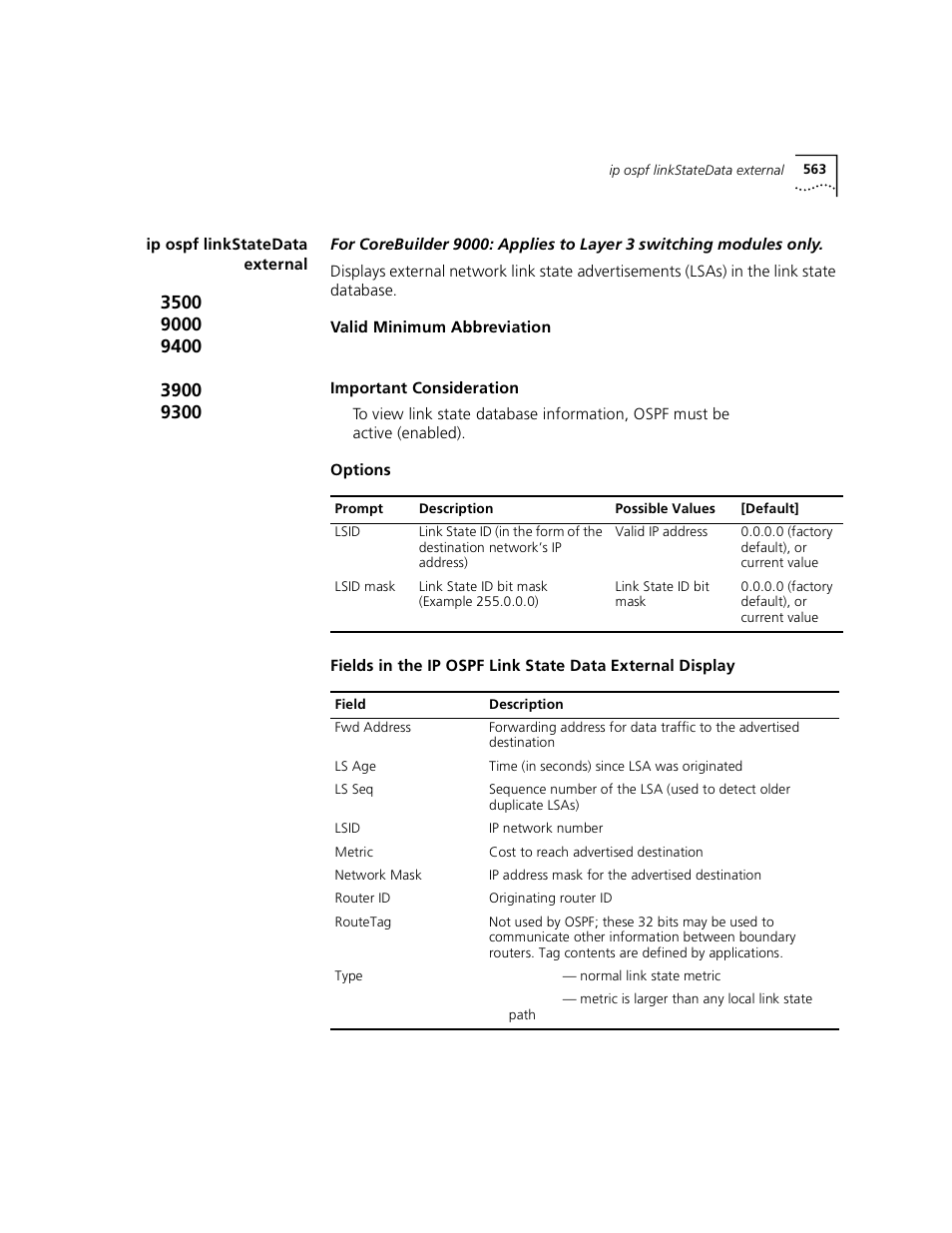 Ip ospf linkstatedata external | 3Com 3500 User Manual | Page 563 / 784