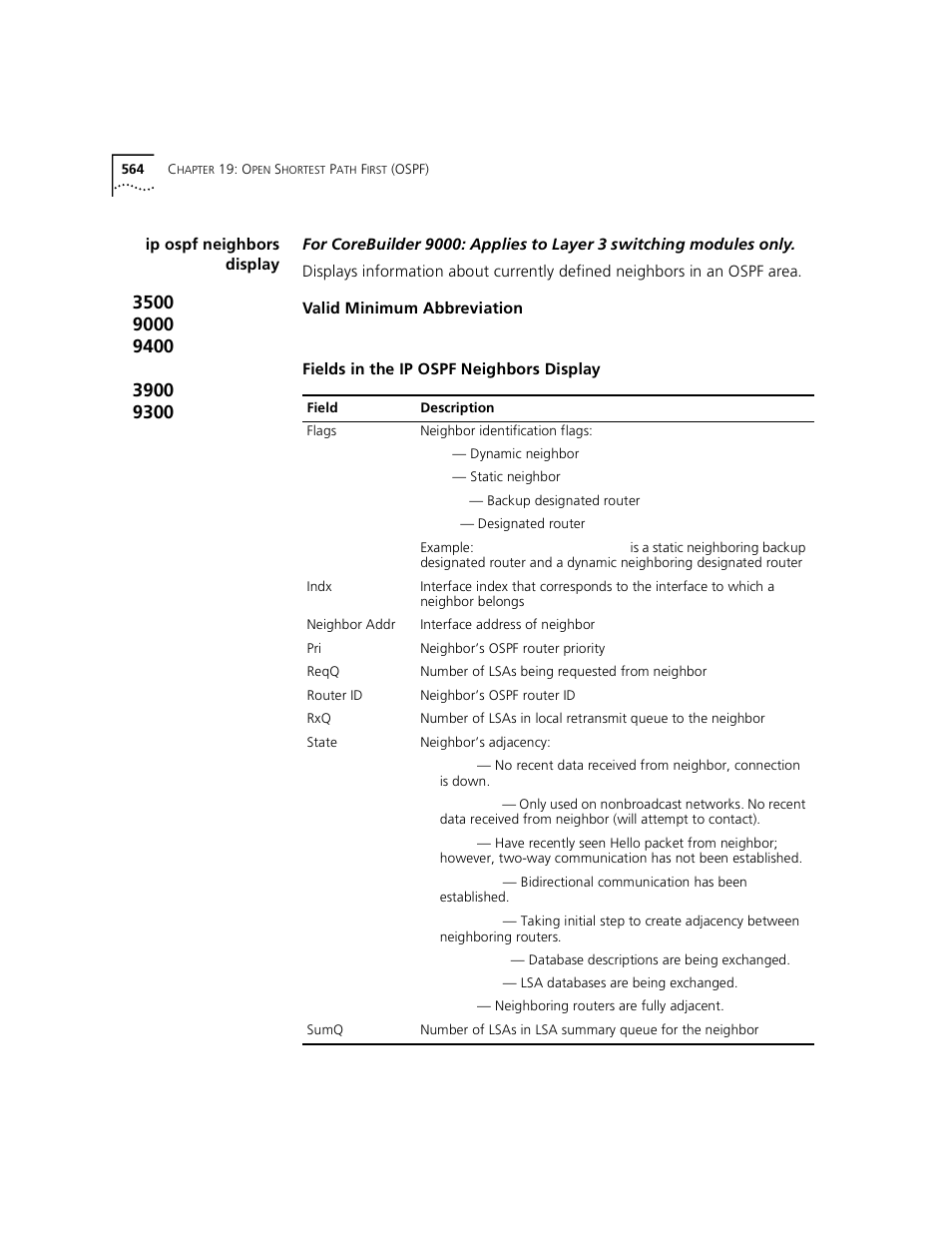 Ip ospf neighbors display | 3Com 3500 User Manual | Page 564 / 784