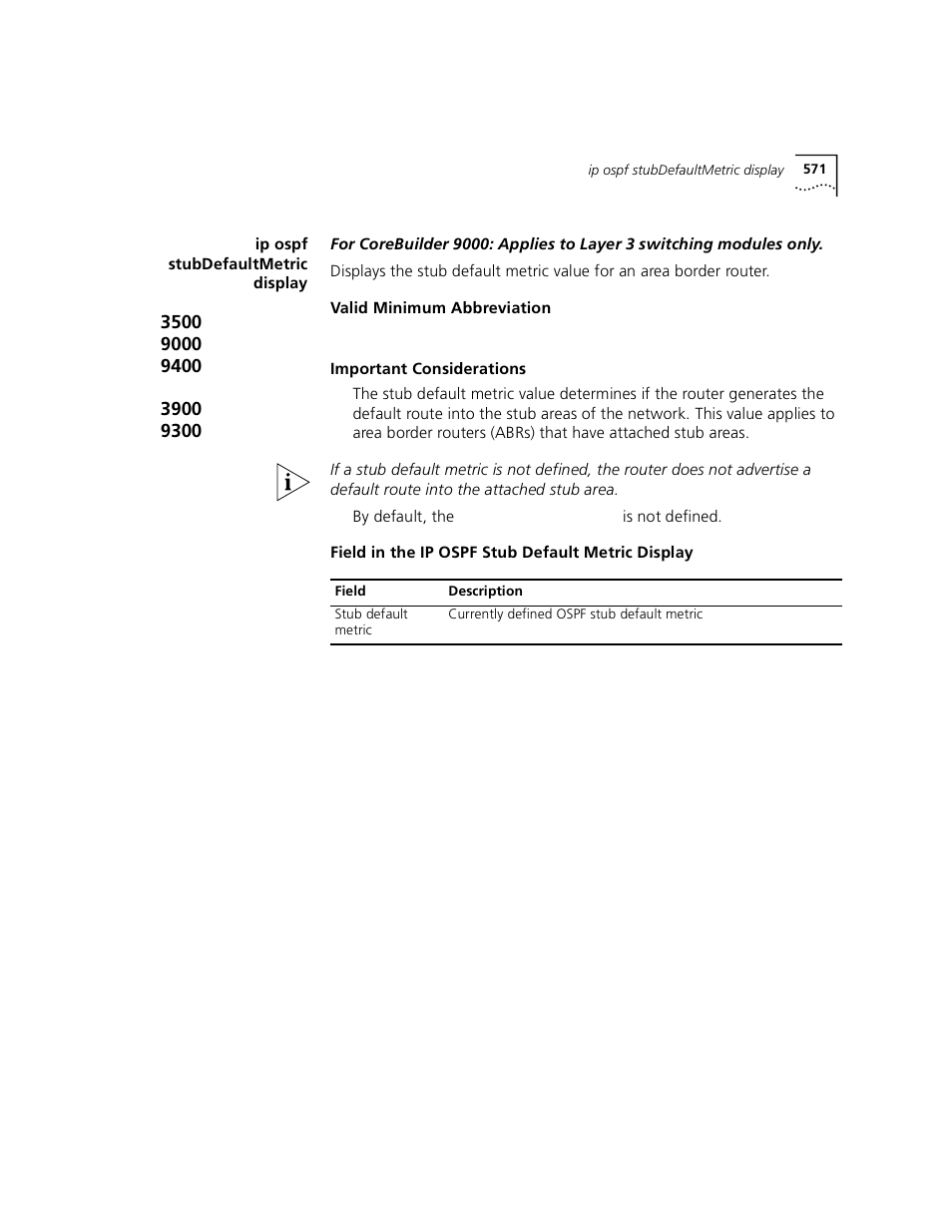 Ip ospf stubdefaultmetric display | 3Com 3500 User Manual | Page 571 / 784