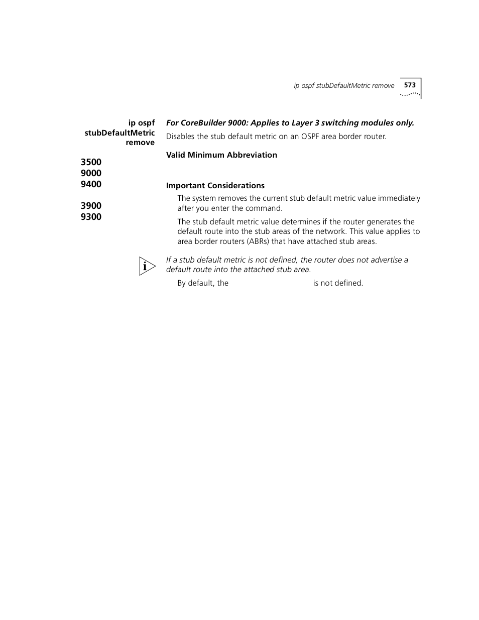 Ip ospf stubdefaultmetric remove | 3Com 3500 User Manual | Page 573 / 784