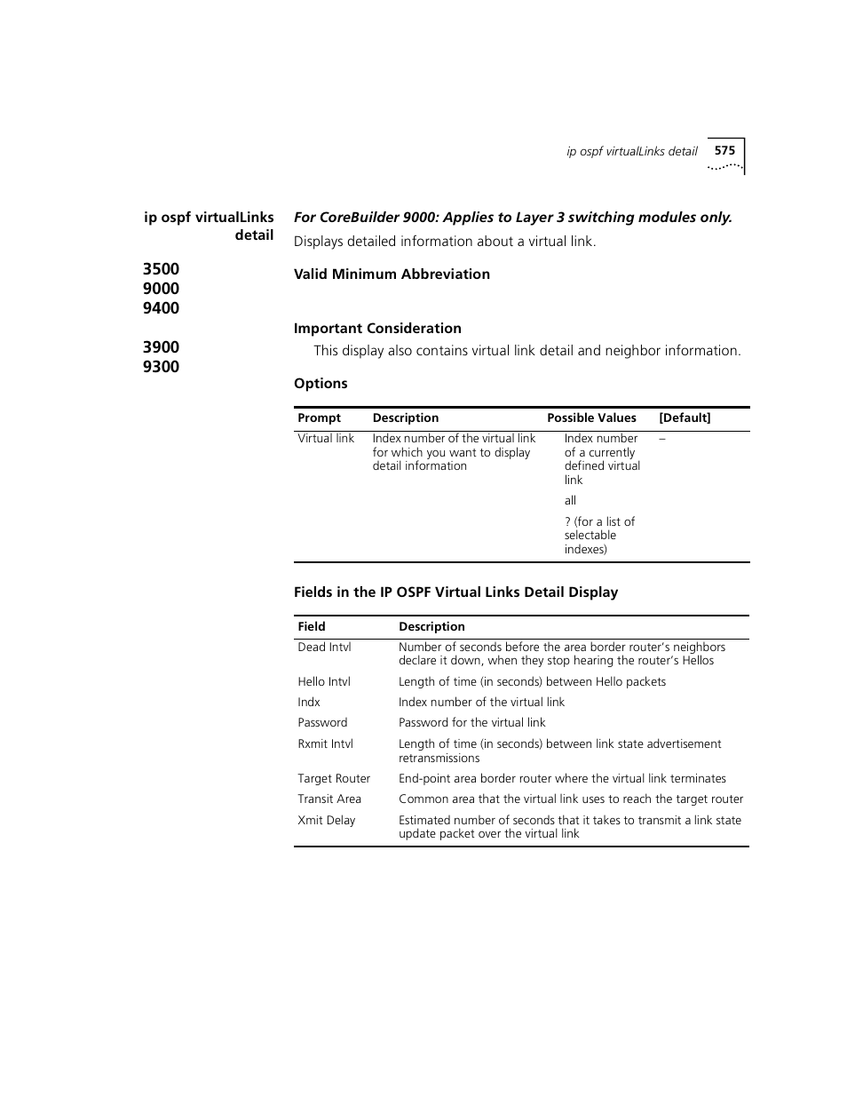 Ip ospf virtuallinks detail | 3Com 3500 User Manual | Page 575 / 784
