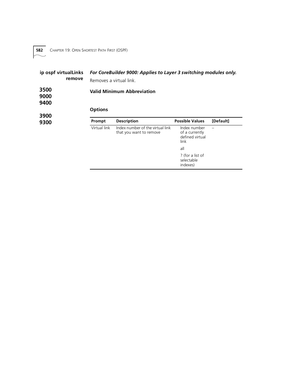 Ip ospf virtuallinks remove, Px sap policy summary | 3Com 3500 User Manual | Page 582 / 784
