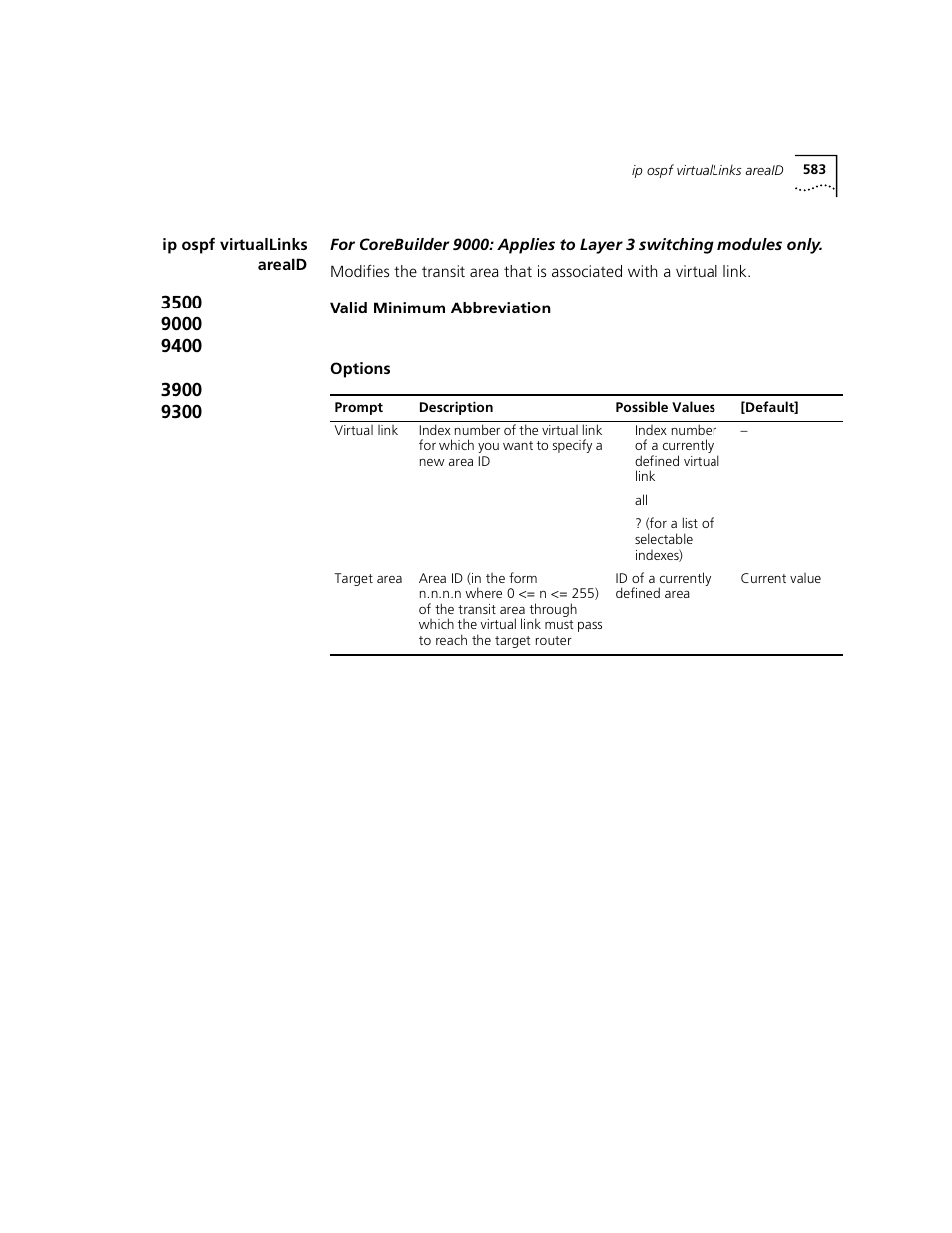 Ip ospf virtuallinks areaid | 3Com 3500 User Manual | Page 583 / 784