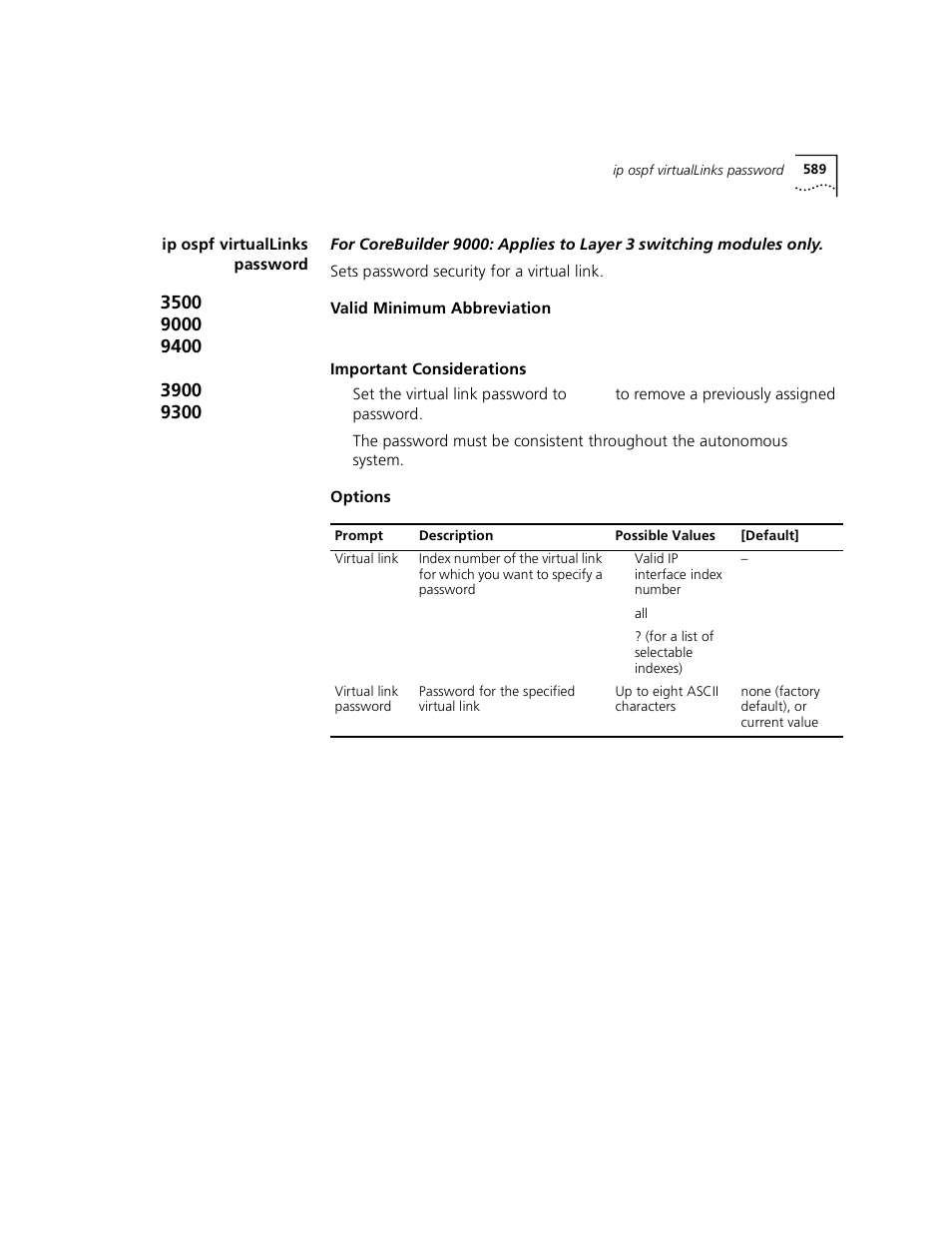 Ip ospf virtuallinks password | 3Com 3500 User Manual | Page 589 / 784