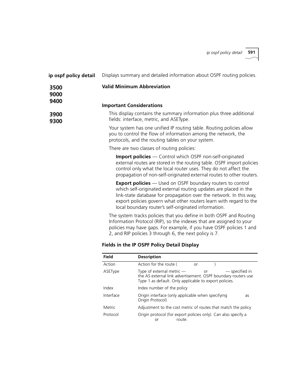 Ip ospf policy detail | 3Com 3500 User Manual | Page 591 / 784