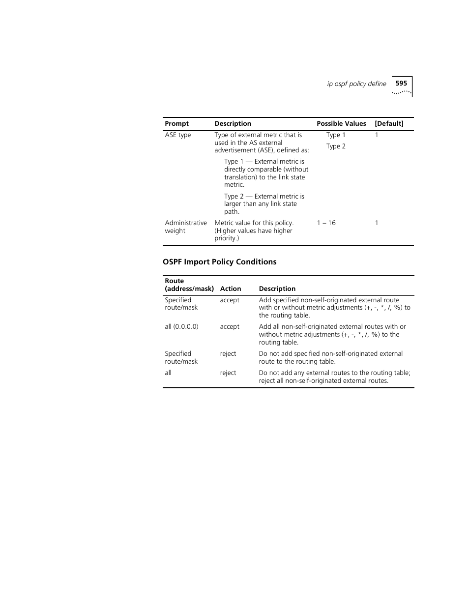 Ospf import policy conditions | 3Com 3500 User Manual | Page 595 / 784