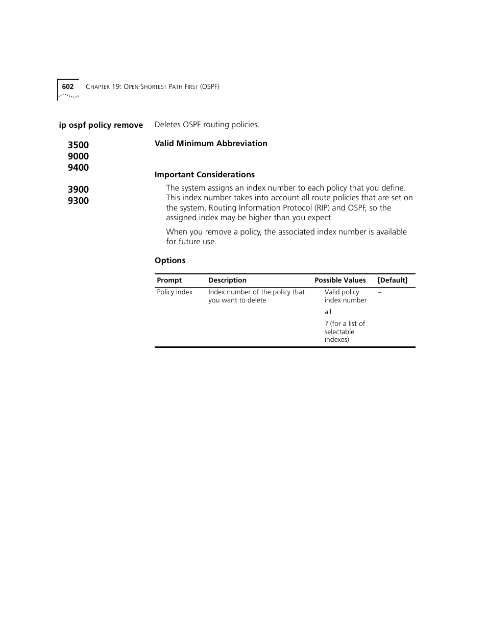 Ip ospf policy remove | 3Com 3500 User Manual | Page 602 / 784