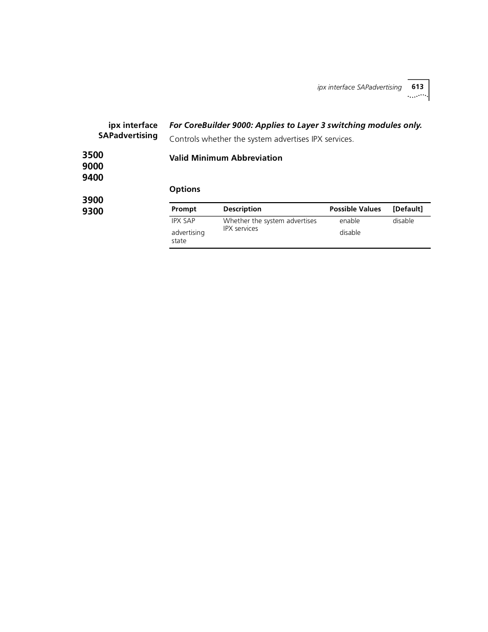 Ipx interface sapadvertising | 3Com 3500 User Manual | Page 613 / 784